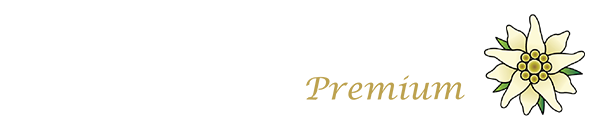 Logo mit dem Schriftzug edel-collection weiss Premium in Weiß und Gold neben einer Edelweissblüten-Illustration, die die Robusta Naturlatexmatratze "Natura Premium Deluxe" hervorhebt.