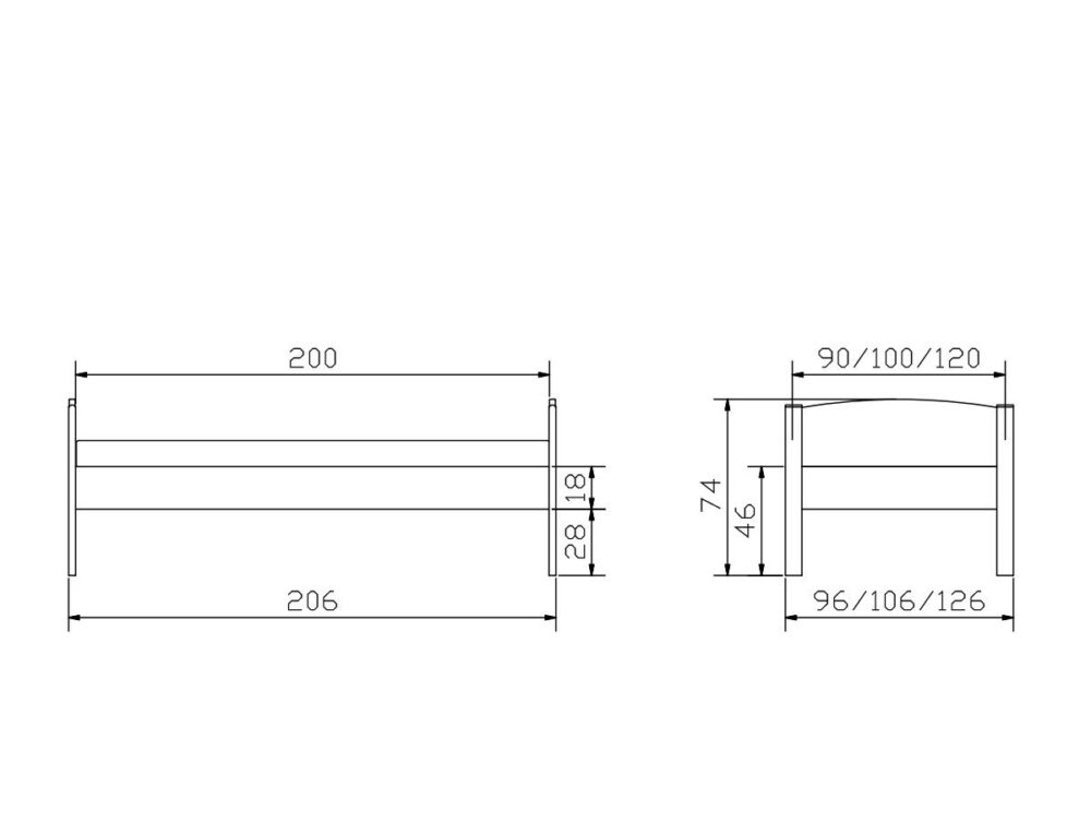 Technische Zeichnung einer Sitzbank mit Vorder- und Seitenansicht, mit den Maßen: Länge 200 cm, Tiefe 90/100/120 cm, Höhe 47,4 cm, und anderen detaillierten Maßen, die in Zentimetern angegeben sind.