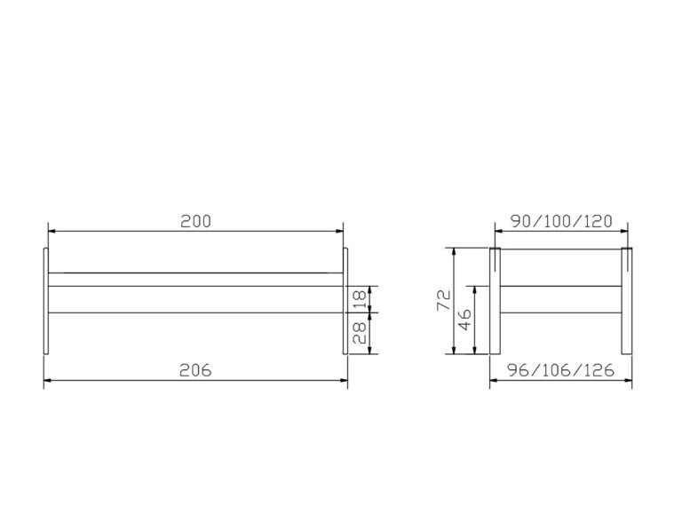 Technische Zeichnung einer Bank mit Vorder- und Seitenansicht. Die Maße sind angegeben: Länge 200 cm, Gesamtbreite 206 cm, Sitzhöhe 46 cm, Sitzbreite wahlweise 90/100/120 cm und Sitzstärke 2,8 cm.