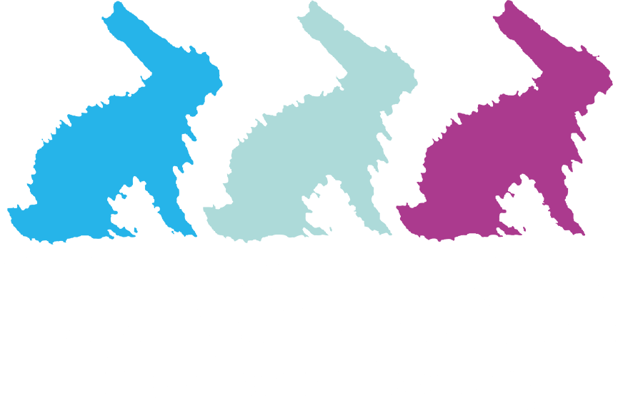 Drei stilisierte Kaninchensilhouetten in blau, teal und lila sind über dem Text "HASENA the dream factory" auf hellem Grund angeordnet, inspiriert vom Komfort der Hasena Boxspring Matratze "Mila Spring Tex".