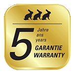 Das goldene Abzeichen mit drei schwarzen Hasensymbolen über dem Text "5 Jahre GARANTIE WARRANTY" hebt die 5-jährige Garantie für die Hasena Boxspring Matratze Mila Spring Tex hervor.