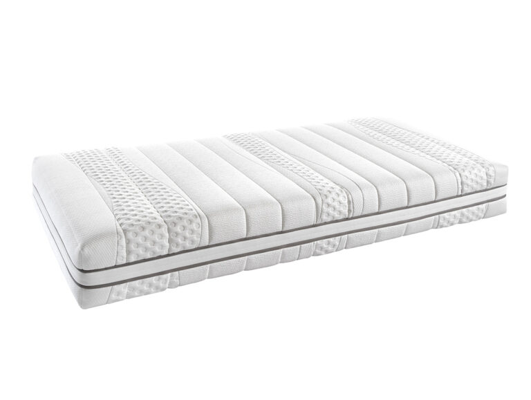 Eine weiße Hasena Boxspringbett Classic "James Fiona" Matratze mit strukturierten, gemusterten Bereichen und einem horizontalen grauen Streifen an der Seite, abgebildet auf einem weißen Hintergrund.