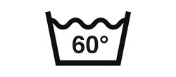 Ein schwarz-weißes Wäschesymbol mit einer wassergefüllten Wanne und der Aufschrift 60° weist darauf hin, dass die Robusta Latexmatratze "Niesen" bei bis zu 60°C gewaschen werden kann.