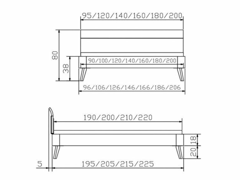 Technische Zeichnung des Hasena Bett "Fine-Line Syma Masito 2" mit Vorder- und Seitenansicht und beschrifteten Maßen: Breite 90-200 cm, Länge 195-225 cm, Höhe 80 cm, Beinhöhe 20/18 cm. Alle Maße sind mit Pfeilen gekennzeichnet.