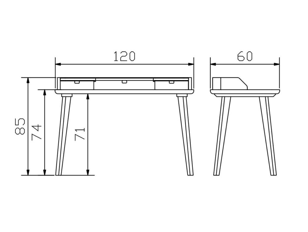 Strichzeichnung eines rechteckigen Schreibtisches mit vier abgewinkelten Beinen, drei Schubladen und einem erhöhten Rückenteil. Abgebildete Maße: Breite 120 cm, Tiefe 60 cm, Gesamthöhe 85 cm, Höhe der Tischplatte 74 cm und Beinfreiheit 71 cm.