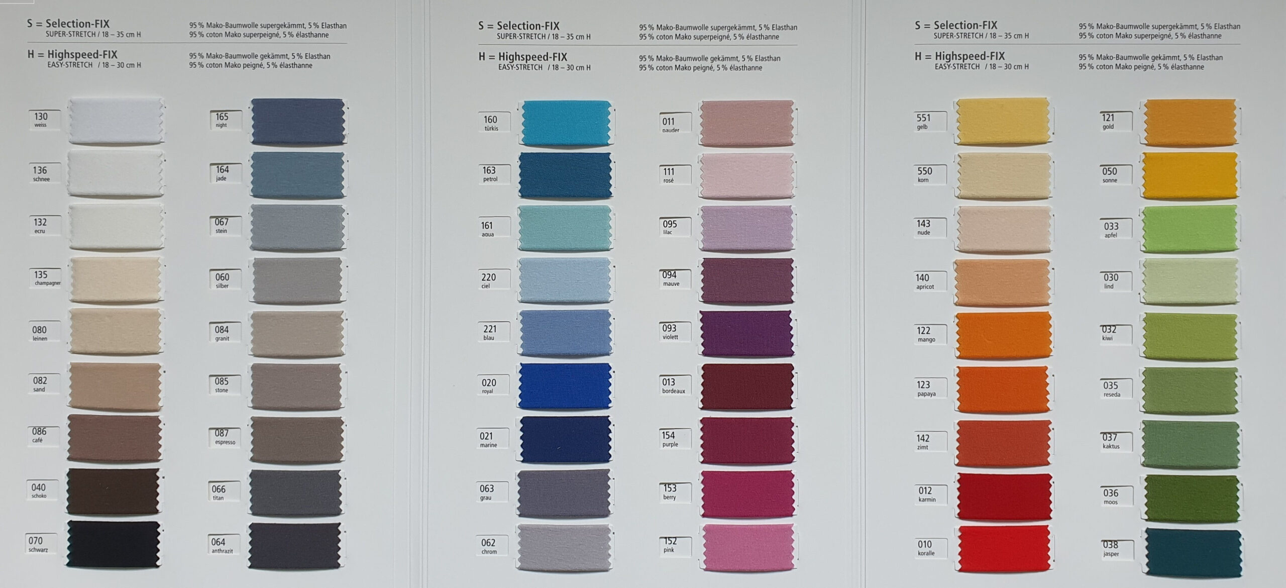 Die Tamara-R Topper Fixleintuch Selection-FIX Stofffarbkarte enthält drei Spalten mit rechteckigen Mustern in Weiß, Blau, Grau, Rosa, Rot, Orange, Gelb und Grün - jeder Farbton ist nummeriert und eindeutig beschriftet.
