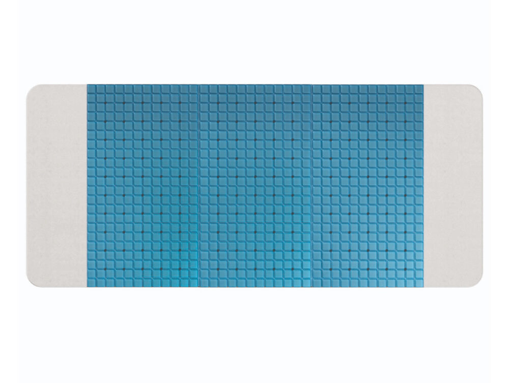 Eine rechteckige blaue Yogamatte mit einem strukturierten Gittermuster, dargestellt vor einem weißen Hintergrund. Die Matte hat abgerundete Ecken und einen Farbverlauf von hell- zu dunkelblau.