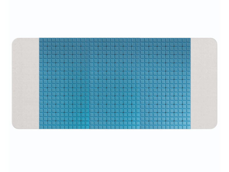 Eine rechteckige blaue Yogamatte mit einem strukturierten Gittermuster, dargestellt vor einem weißen Hintergrund. Die Matte hat abgerundete Ecken und einen Farbverlauf von hell- zu dunkelblau.