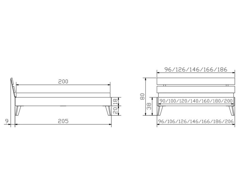 Technische Zeichnung eines Bettes mit Abmessungen. Die Seitenansicht zeigt eine Länge von 205 cm und eine Höhe von 80 cm. Die Vorderansicht zeigt eine Breite von 96 bis 186 cm. Die Höhe der Matratze beträgt 38 cm, die Höhe des Bettes vom Boden aus 9 cm.
