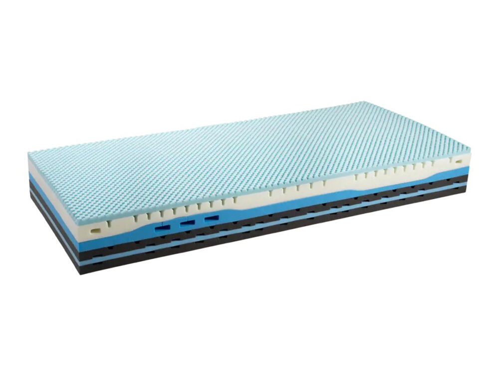 Die Swiss Confort Matratze "SC Deluxe" ist eine mehrschichtige Schaumstoffmatratze mit einer strukturierten hellblauen Oberfläche und stützenden farbigen Schaumstoffschichten - weiß, blau und dunkelgrau - für außergewöhnlichen Komfort.