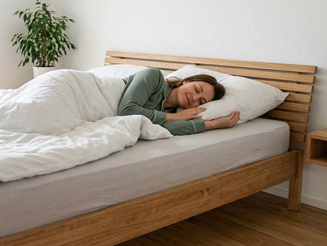 Eine Frau mit braunen Haaren schläft friedlich in ihrem Bett unter einer weißen Bettdecke und trägt einen grünen Schlafanzug. Das Bett hat einen Holzrahmen und ein Kopfteil. In der Ecke des Zimmers steht eine üppig blühende Topfpflanze.