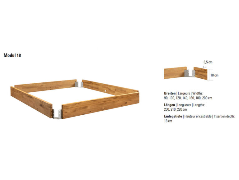 Rechteckiger Gartenbeetrahmen aus Holz mit Eckbeschlägen aus Metall. Die Maße und Abmessungen sind rechts auf Deutsch, Englisch und Französisch angegeben. Eine Ecke ist noch nicht montiert, sodass der Metallbeschlag und die Holzstärke zu sehen sind.