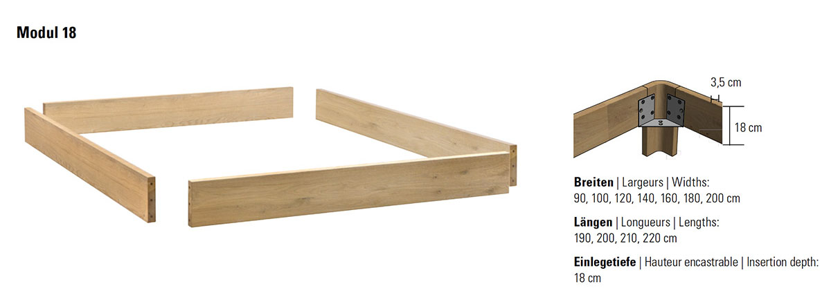 Bettgestell aus Holz mit drei geschlossenen Seiten und einer offenen Seite, Metallhalterungen an den Ecken. Die Abmessungen und Maße sind rechts aufgeführt, einschließlich Breiten, Längen und Einbautiefe.