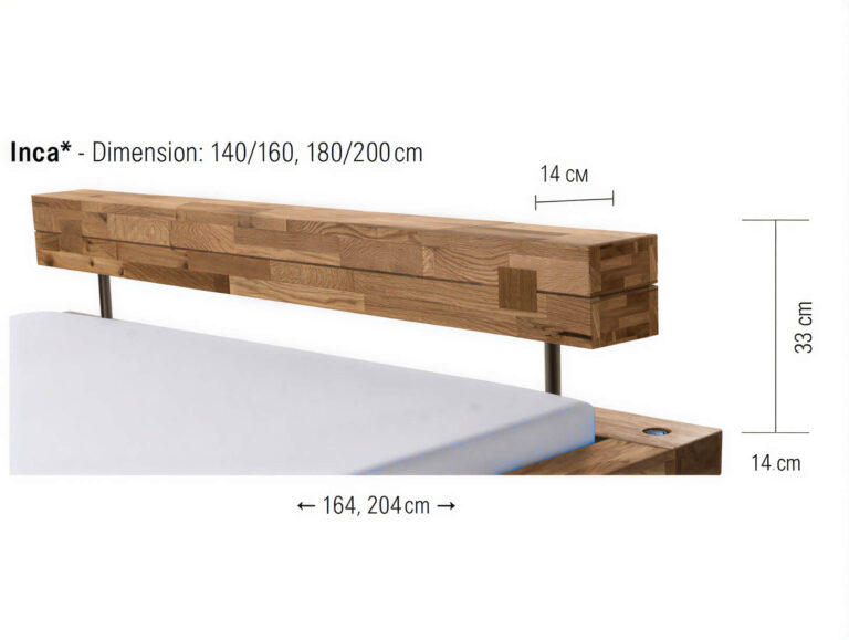 Kopfteil aus Holz mit der Bezeichnung „Inca“ und folgenden Maßen: Breite 140/160/180/200 cm, Höhe 33 cm, Stärke 14 cm. Die abgebildete Matratzenbreite beträgt 164 bzw. 204 cm. Das Kopfteil weist ein Holzmuster im Blockstil auf.