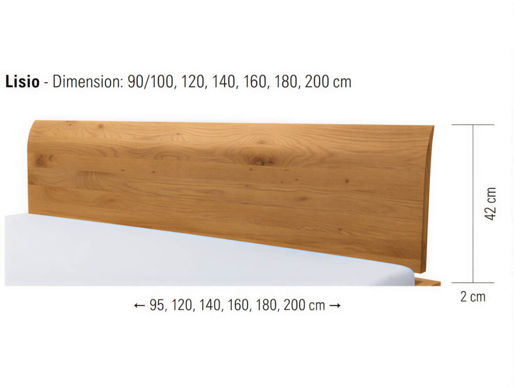 Kopfteil aus Holz mit natürlicher Maserung, Modell „Lisio“, 42 cm hoch, 2 cm dick und in den Breiten 90, 100, 120, 140, 160, 180 und 200 cm erhältlich. Darunter ist ein Teil einer weißen Matratze zu sehen.