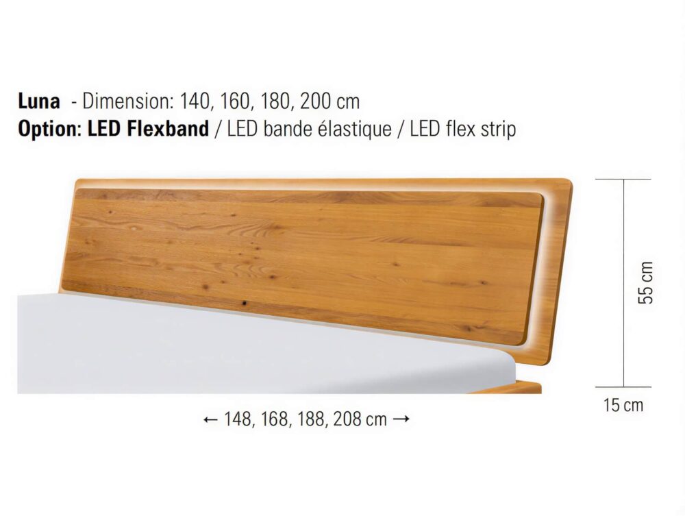 Kopfteil aus Holz mit folgenden Maßen: Höhe 55 cm, Sockel 15 cm und wählbare Breiten von 148, 168, 188 oder 208 cm. Mit optionalem LED-Flexband, das das Kopfteil umrahmt.