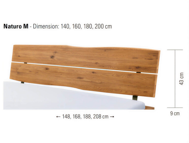 Kopfteil aus Holz, Bezeichnung „Naturo M“, mit folgenden Abmessungsoptionen: Breite 140, 160, 180, 200 cm; Kopfteilhöhe 43 cm, unterer Teil 9 cm; Breitenoptionen auch als 148, 168, 188, 208 cm angegeben.