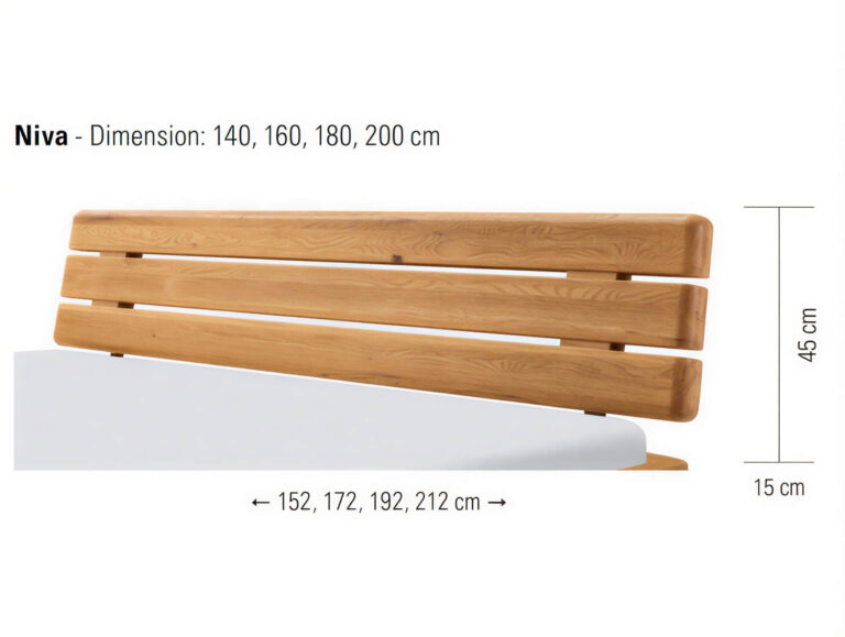 Kopfteil aus Holzlatten mit der Bezeichnung „Niva“, 45 cm hoch und 15 cm dick, passend für Betten mit einer Breite von 140–200 cm und einer Länge von 152–212 cm.