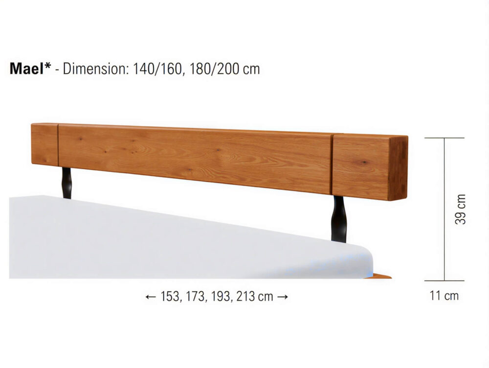 Kopfteil aus Holz, das an einem Bettrahmen befestigt ist. Maße: 39 cm hoch und 11 cm dick. Längenoptionen: 153, 173, 193 oder 213 cm. Die Breite passt zu Betten der Größen 140/160 und 180/200 cm.