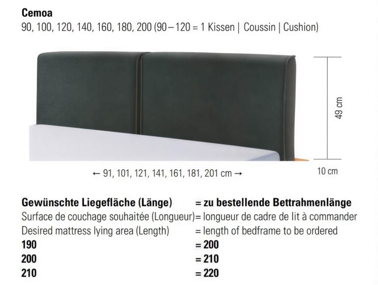 An einem Bettrahmen ist ein dunkles, gepolstertes Kopfteil befestigt. Das Kopfteil ist 49 cm hoch und 10 cm dick. Die Matratzenbreiten reichen von 90 cm bis 200 cm. Die folgende Tabelle erläutert, wie Sie die richtige Länge für den Bettrahmen bestellen.
