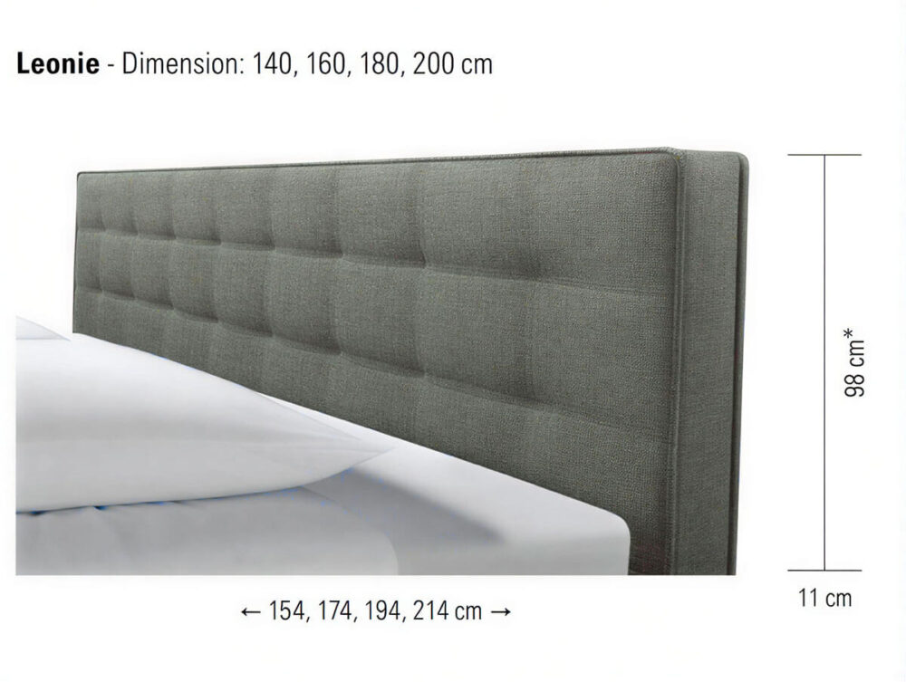 Graues, gepolstertes Kopfteil mit quadratischem Tufting-Muster; die angegebenen Maße sind: Höhe 98 cm, Tiefe 11 cm und wählbare Breiten von 154, 174, 194 oder 214 cm.