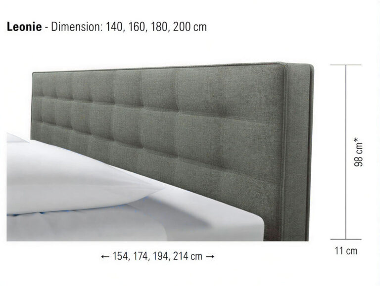 Graues, gepolstertes Kopfteil mit quadratischem Tufting-Muster; die angegebenen Maße sind: Höhe 98 cm, Tiefe 11 cm und wählbare Breiten von 154, 174, 194 oder 214 cm.