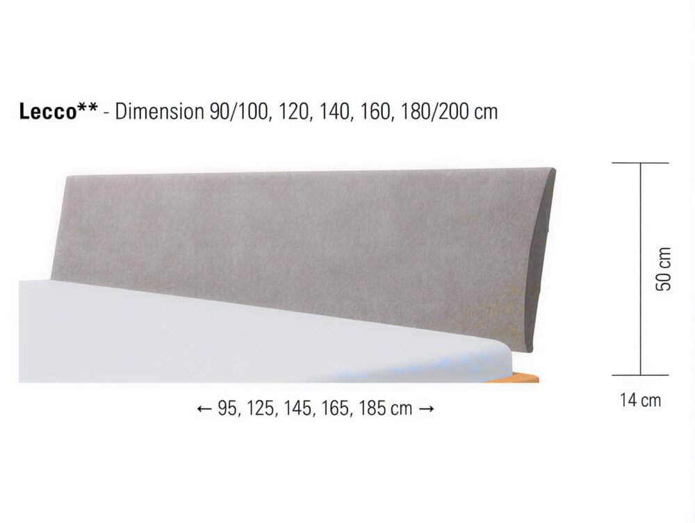 Graues, gepolstertes Kopfteil, 50 cm hoch und 14 cm dick, abgebildet hinter einer weißen Matratze. Erhältlich in den Breiten 90, 100, 120, 140, 160, 180 und 200 cm, wie auf dem Bild angegeben.