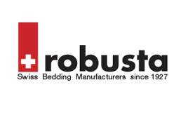 Das Robusta-Logo mit einem roten Quadrat, einem weißen Kreuz und der fettgedruckten schwarzen Aufschrift „Robusta“. Darunter steht: „Schweizer Bettwarenhersteller seit 1927“.