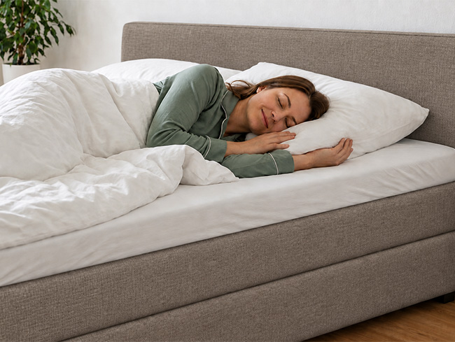 Eine Frau in einem grünen Pyjama schläft friedlich auf einem Bett mit weißer Bettwäsche und einem grauen Kopfteil. Im Hintergrund steht eine Pflanze.
