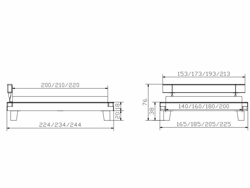 Technische Zeichnung eines rechteckigen Objekts mit angegebenen Maßen: Länge 224/234/244 cm, Breite 165/185/205/225 cm und Höhe 38 cm. Enthält Draufsicht und Seitenansichten.