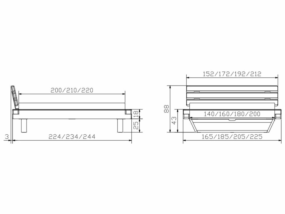 Technische Zeichnung einer Bank mit Maßangaben. Dargestellt sind Seiten- und Vorderansichten. Die Breiten reichen von 224 bis 244 cm; die Höhen betragen 43,8 cm und 25,1 cm; die Sitzbreiten reichen von 152 bis 212 cm.