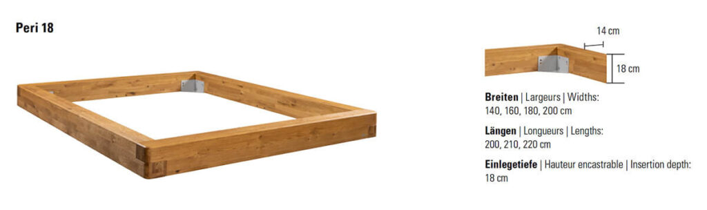 Quadratischer Bettrahmen aus Holz mit Eckbeschlägen aus Metall, Maße: Höhe 18 cm, Breite der Eckstücke 14 cm. Verfügbare Breiten: 140–200 cm, Längen: 200–220 cm, Einbautiefe: 18 cm.
