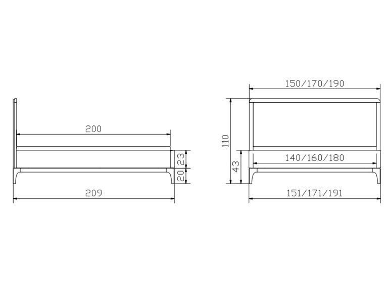 Technische Zeichnung eines Bettes mit Seiten- und Vorderansicht. Die Maße sind angegeben: Länge 209–200 cm, Breite 151/171/191–140/160/180 cm, Höhe 110 cm und Beinhöhe 43 cm.