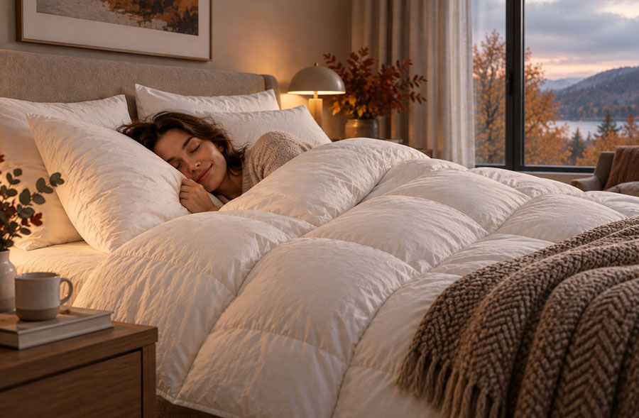 Eine Frau schläft gemütlich in einem behaglichen Bett mit weißer Bettwäsche von Bettenland in einem warm beleuchteten Schlafzimmer. Vor dem Fenster sind herbstliche Bäume und ein See zu sehen, und herbstliche Dekorationen runden das Ambiente des Raumes ab.